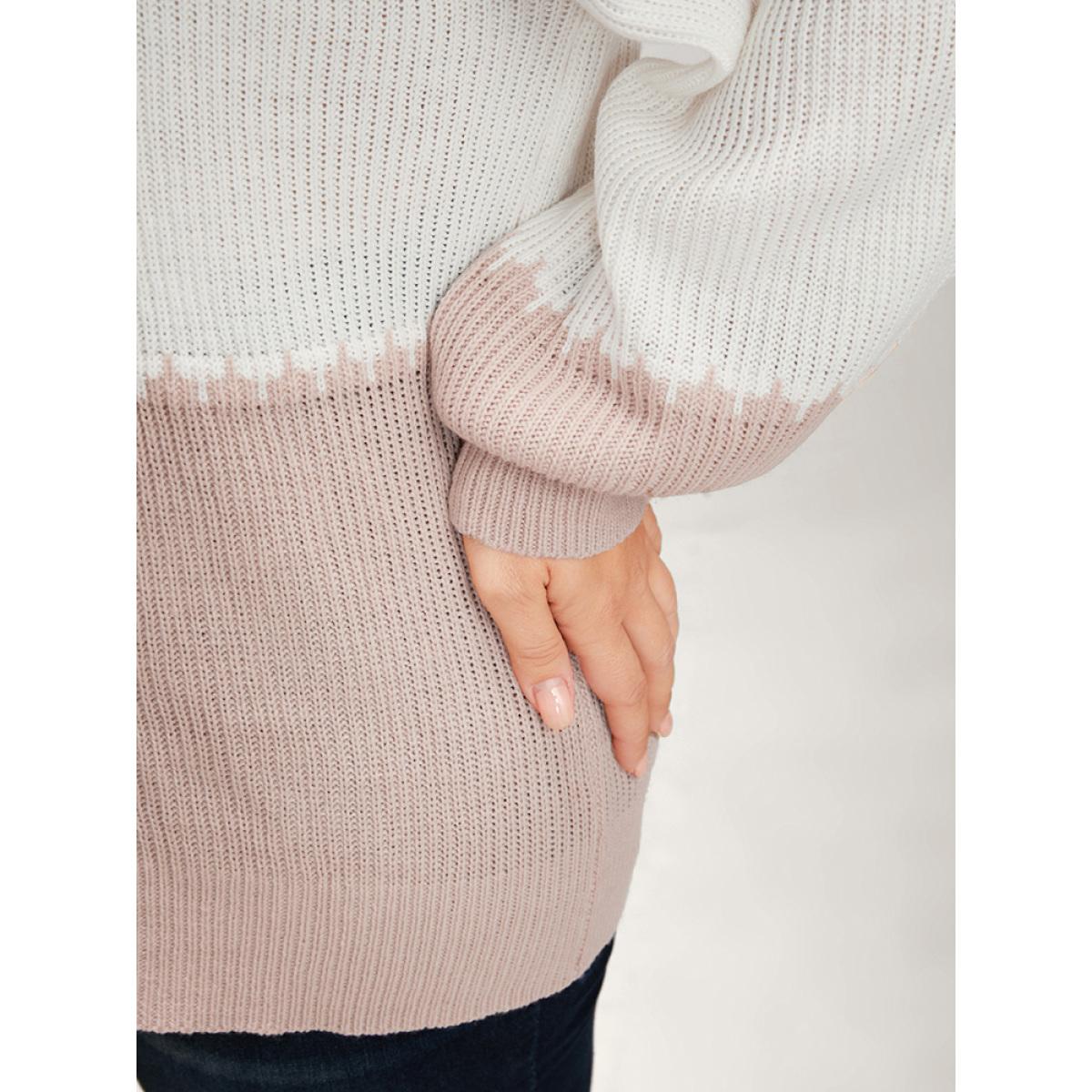 Plus Size Colorblock Contrast Pointelle Knit Lantern Sleeve Round Neck Knit Top DustyPink Women Casual Loose Long Sleeve Round Neck Dailywear Pullovers BloomChic 30/6X Product Image