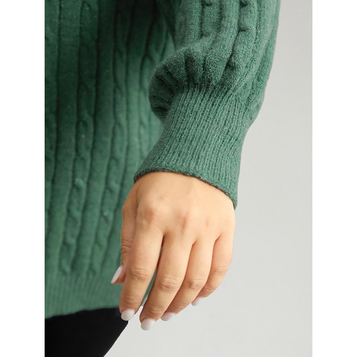 Plus Size Lurex Cable Knit Plain V Neck Pullover DarkGreen Women Casual Loose Long Sleeve V-neck Dailywear Pullovers BloomChic 26/4X Product Image