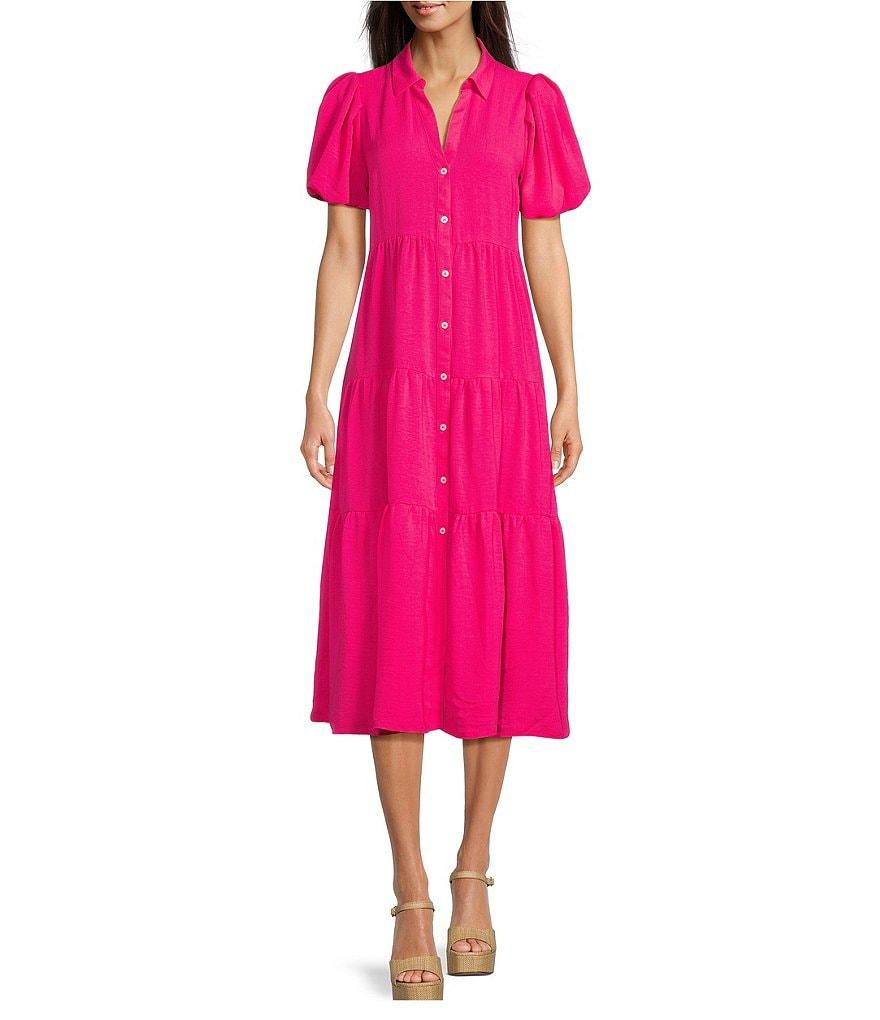 CeCe Gauze Point Collar Short Puff Sleeve Button Front Tiered Midi Shirt Dress Product Image
