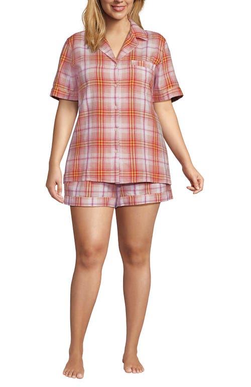 Lands' End Women Linen 2 Piece Pajama Set - Short Sleeve Top and Shorts in Sunset Coral Pink Plaid at Nordstrom, Size 1X Product Image
