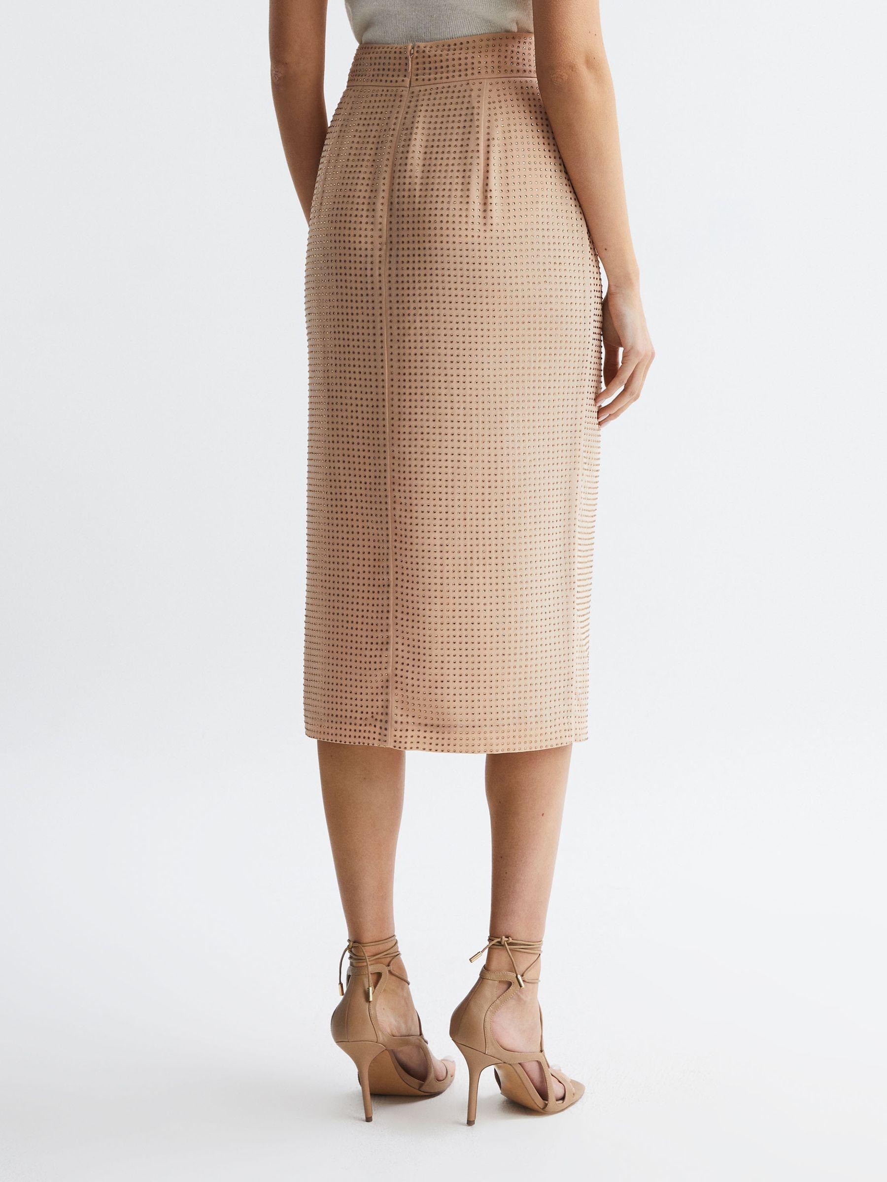 Embellished High Rise Midi Skirt in Nude Product Image