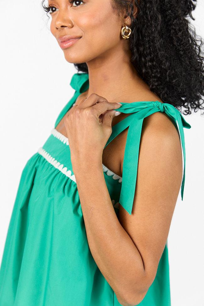 Better This Way Green Tie Shoulder Stitched Trim Mini Dress FINAL SALE Product Image