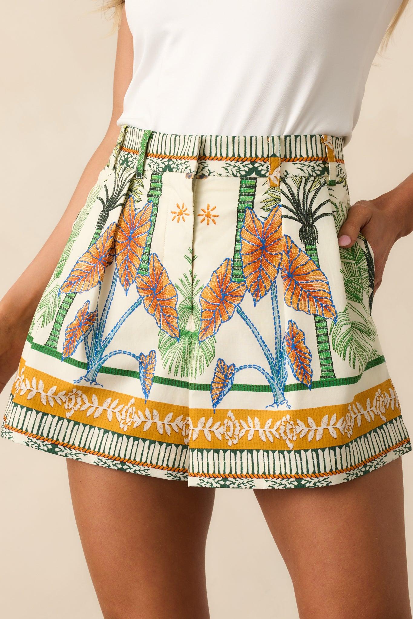 Aylaya Berlin Ivory Tropical Print Cotton High Waisted Shorts Product Image