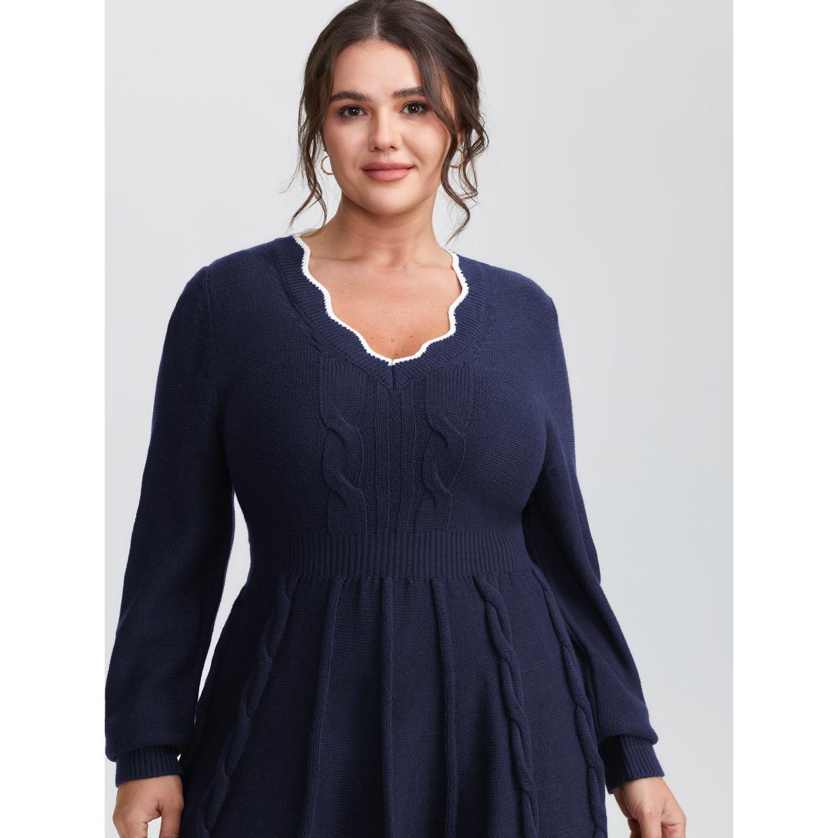 Plus Size Scalloped V-Neck Fit and Flare Sweater Dress Indigo Women Timeless Bodycon Long Sleeve Elegant Sweater Dresses BloomChic 14-16/1X Product Image