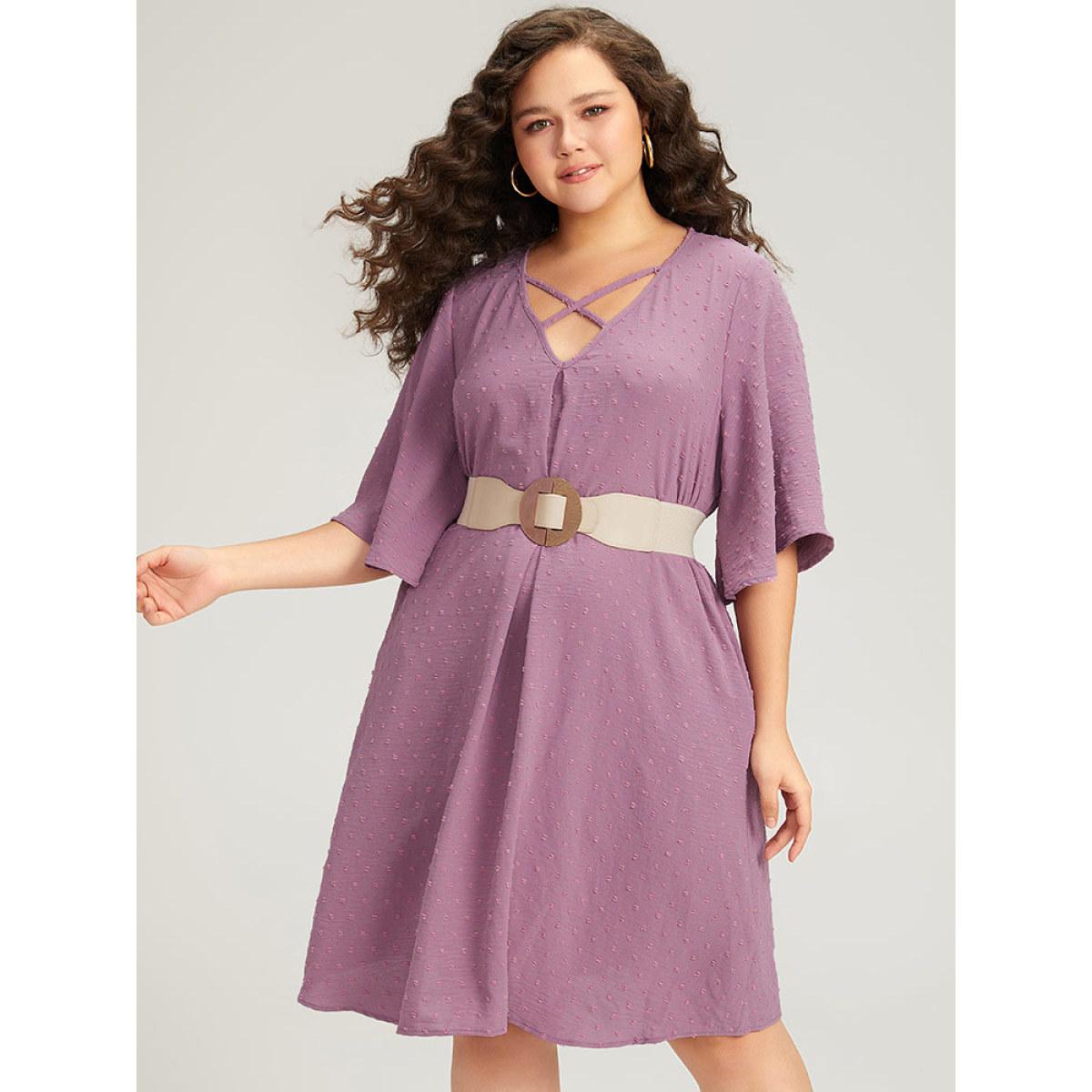 Plus Size Plain Textured Plicated Detail Crisscross Ruffle Sleeve Dress Lilac Women Casual Texture V-neck Half Sleeve Curvy Midi Dress BloomChic 14-16/1X Product Image