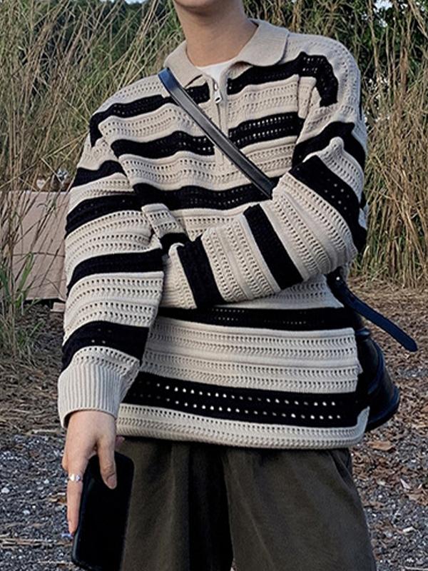 Men's Cutout Striped Half Zip Sweater Product Image