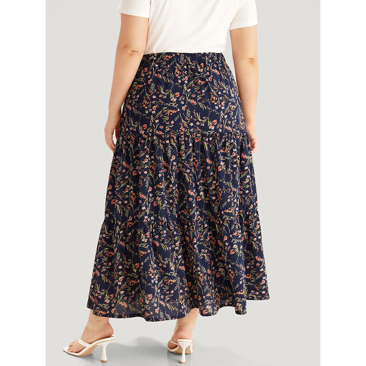 Plus Size Floral Print Ruffle Layered Hem Pocket Elastic Waist Skirt Women Indigo Elegant Elastic Waist No stretch Pocket Dailywear Skirts BloomChic 22-24/3X Product Image