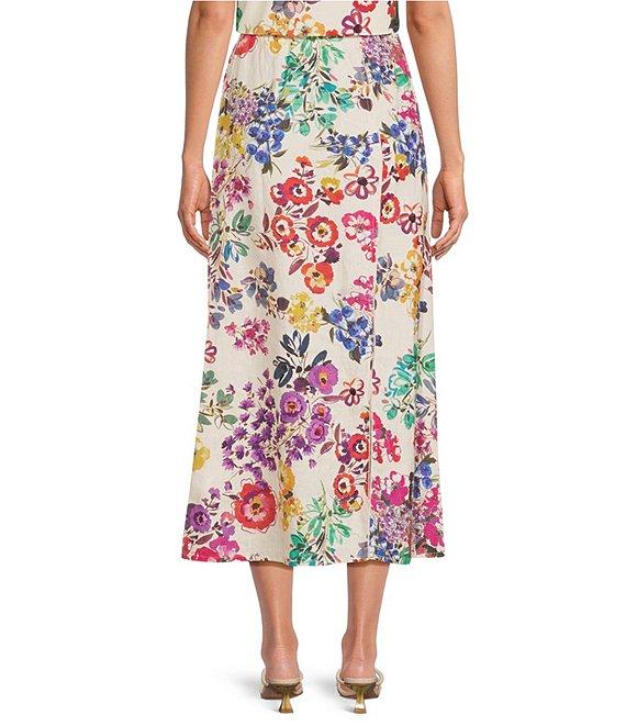 JOHNNY WAS Mixed Floral Printed Linen Seamed A-Line Pull-On Coordinaitng Midi Skirt Product Image