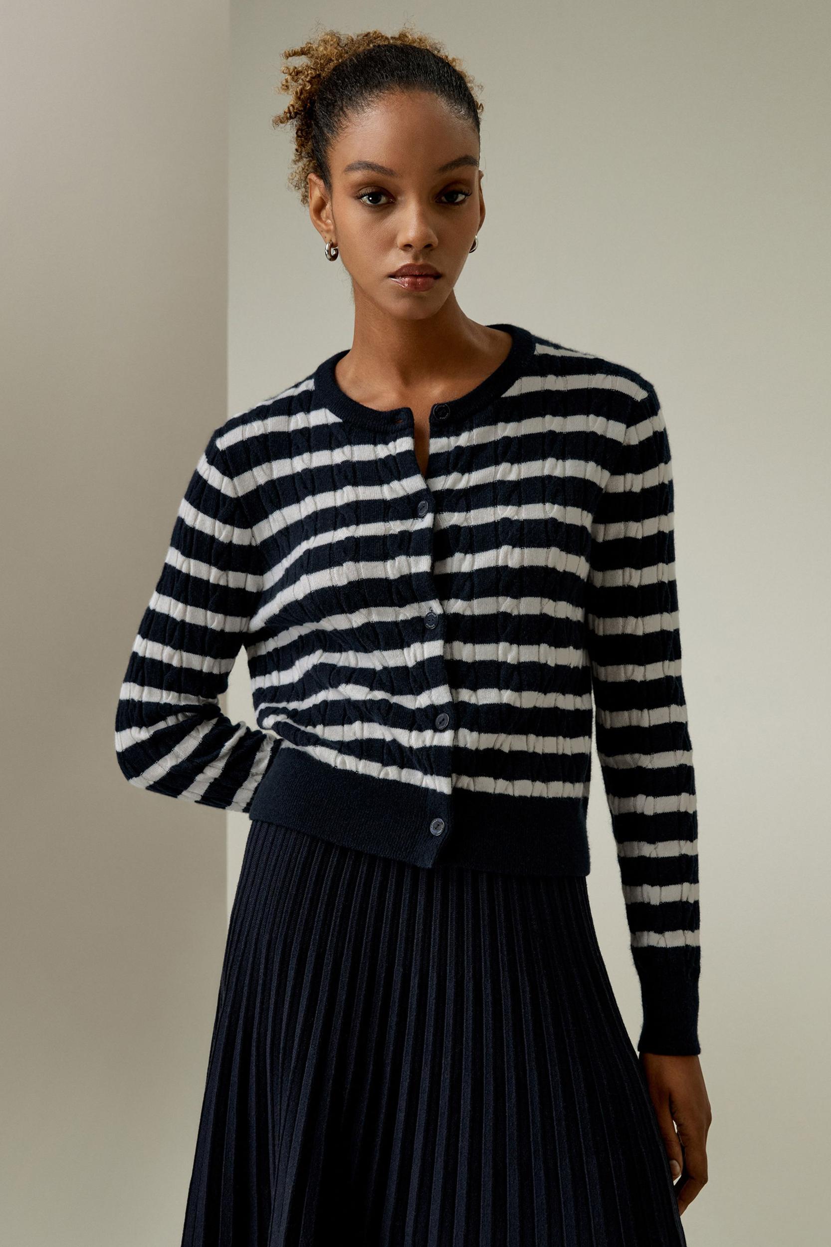 Striped Cable-Knit Cashmere Cardigan Product Image
