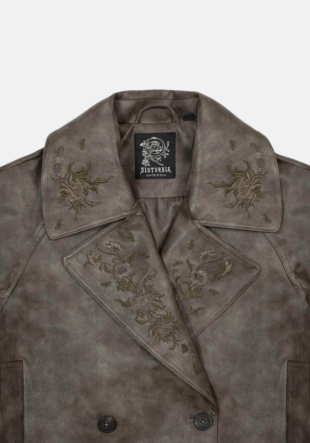 Fleux Embroidered Cropped Faux Leather Trench Jacket Product Image