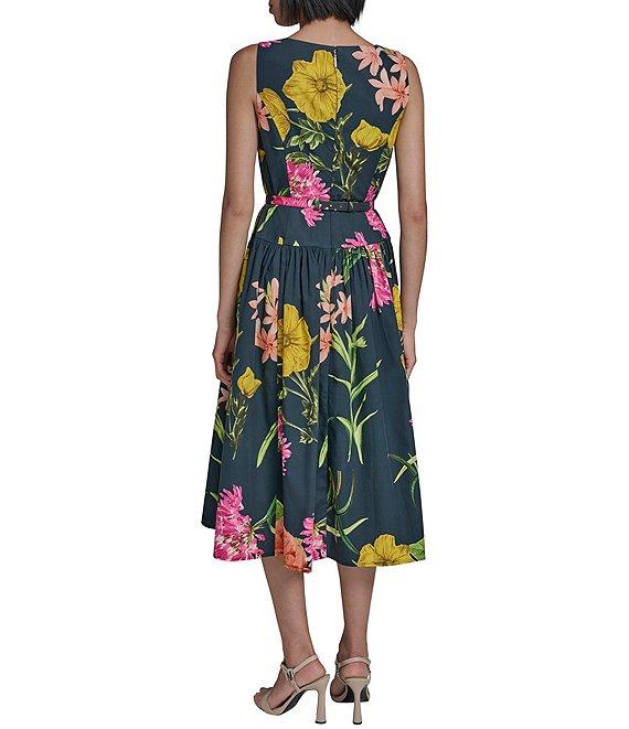 KARL LAGERFELD PARIS Poplin Floral Print Crew Neck Sleeveless Belted Drop Waist Midi Dress Product Image