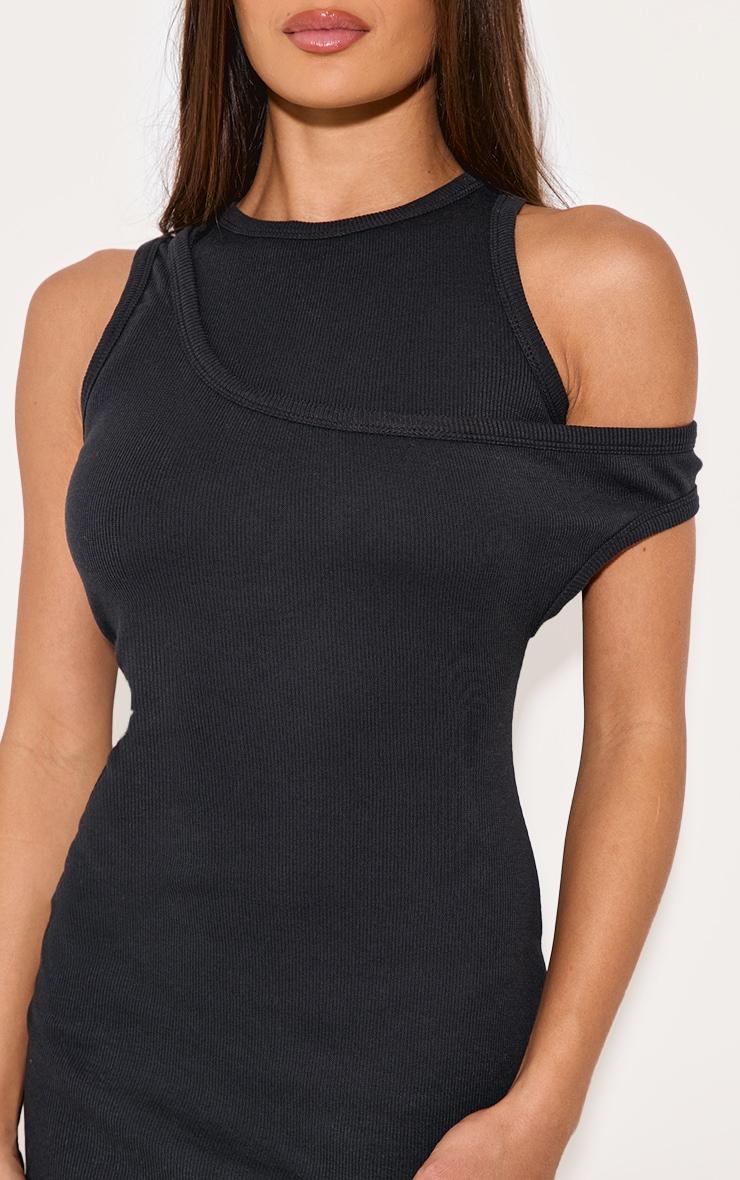 Black Asymmetric Ribbed Bodycon Dress Product Image