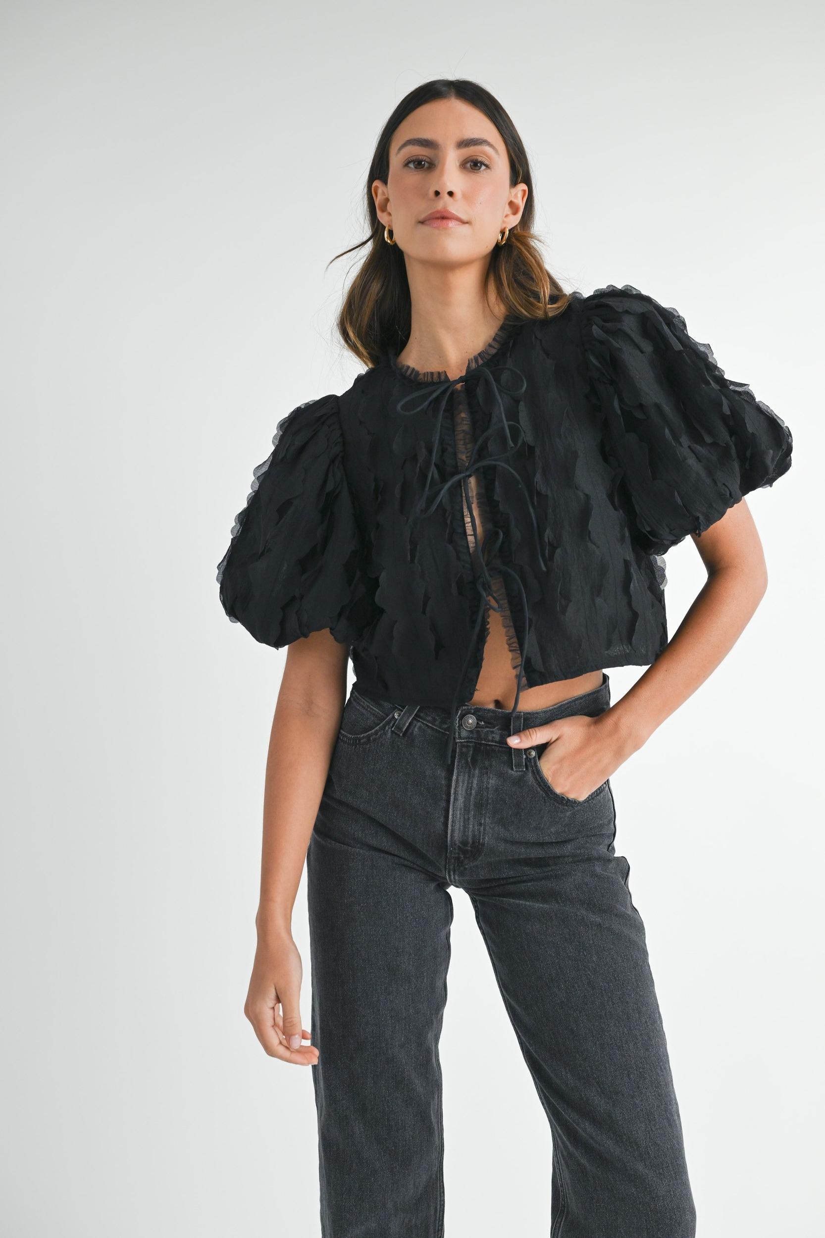 Textured Scallop Puff Sleeve Blouse Top Product Image