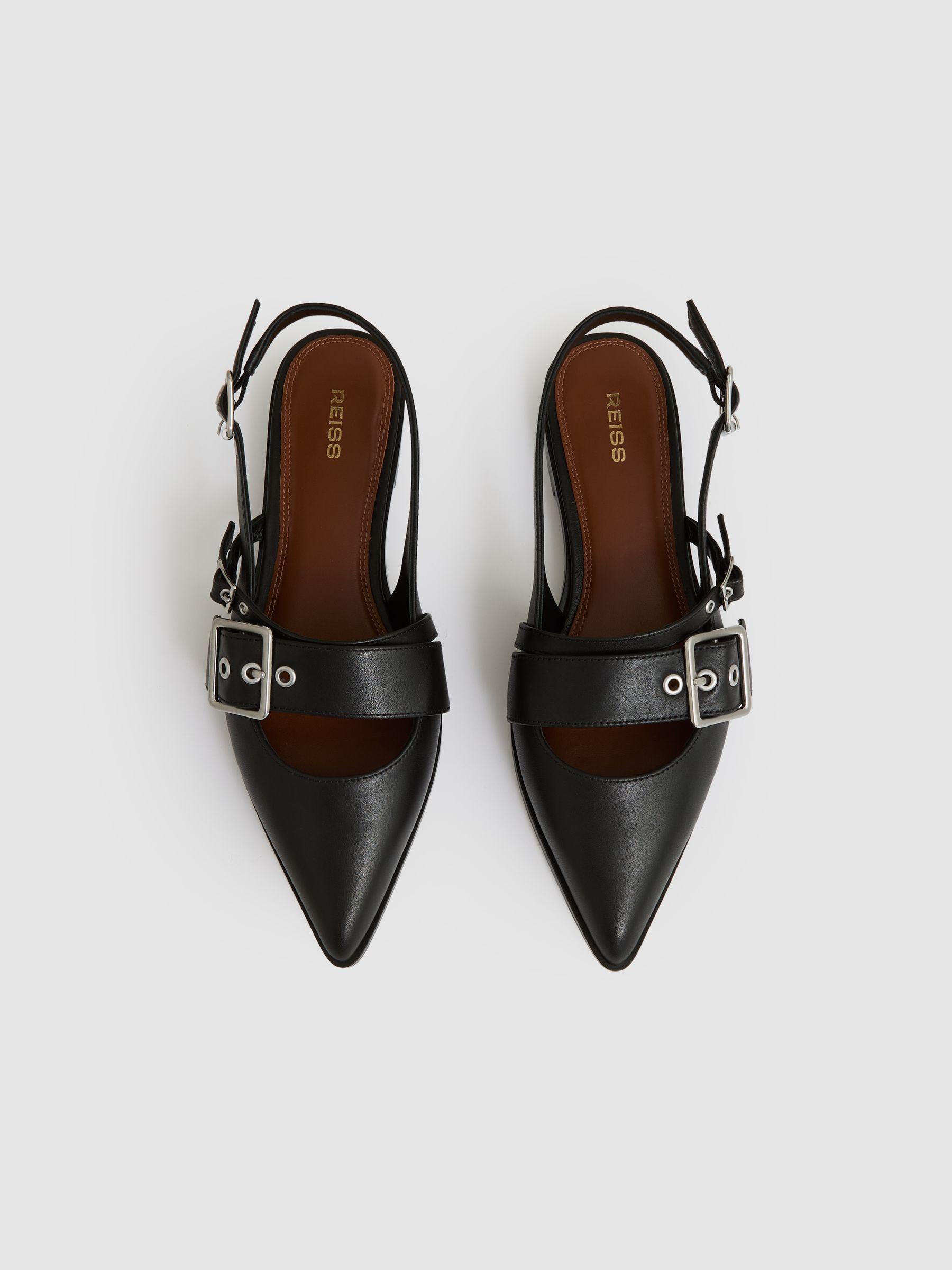 Leather Buckle-Strap Flat Mules in Black Product Image