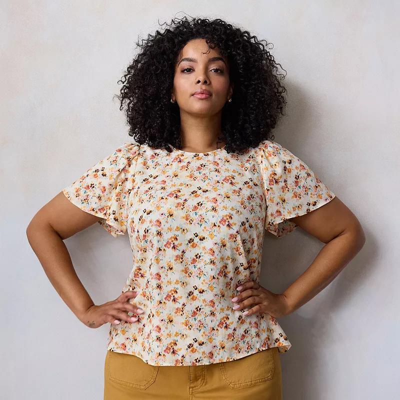 Plus Size LC Lauren Conrad Flutter Sleeve Woven Top, Women's, Size: 2XL, Yellow Fleurie Brush Product Image