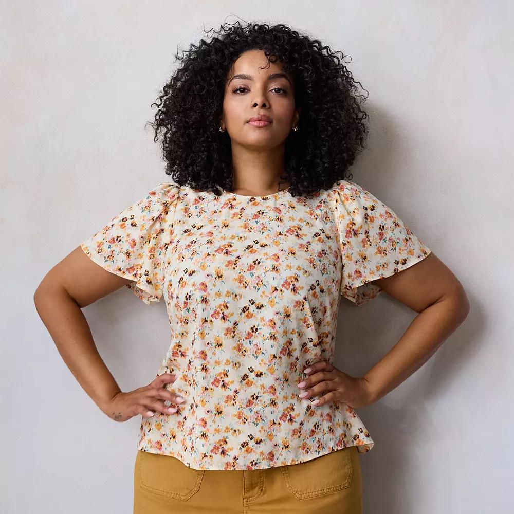 Plus Size LC Lauren Conrad Flutter Sleeve Woven Top, Women's, Size: 2XL, Yellow Fleurie Brush Product Image