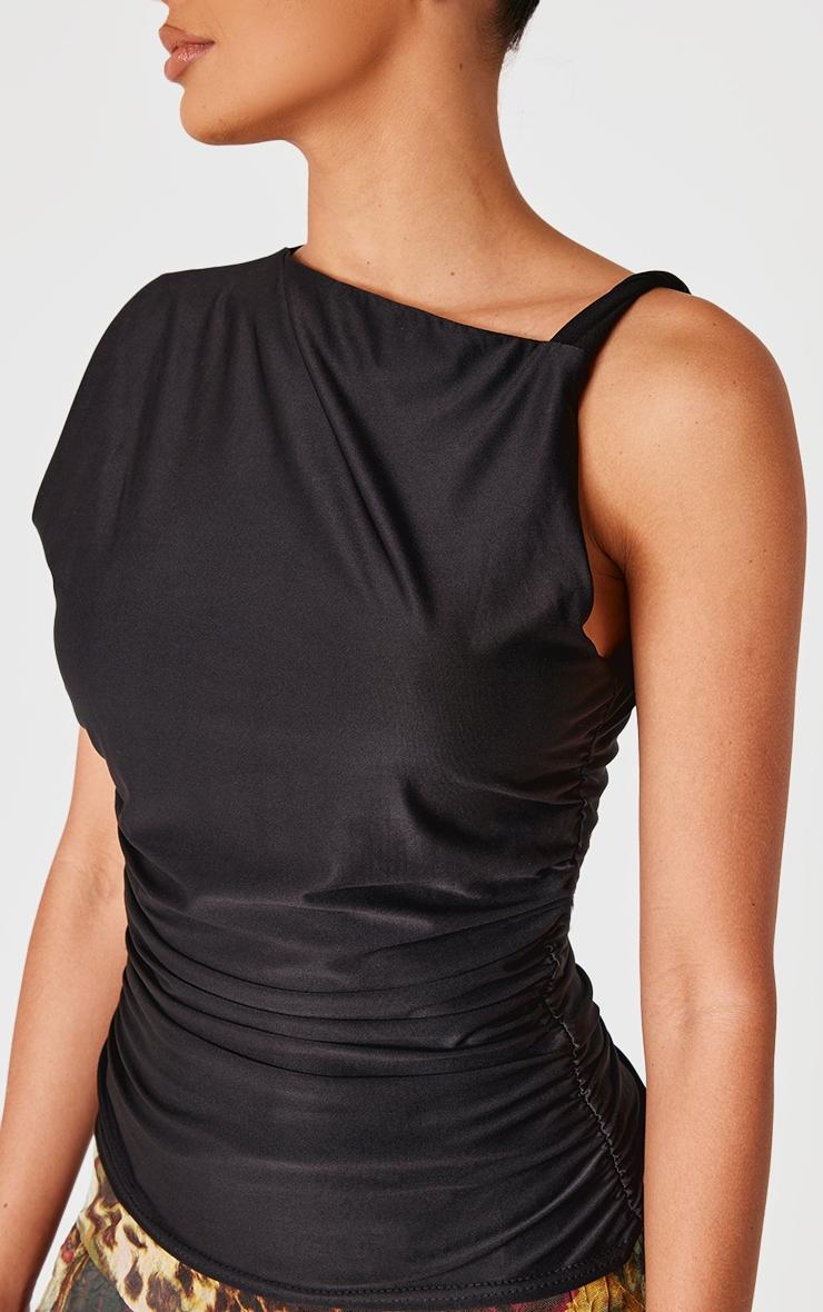Black Slinky Ruched Twist Strap Detail Long Top Product Image
