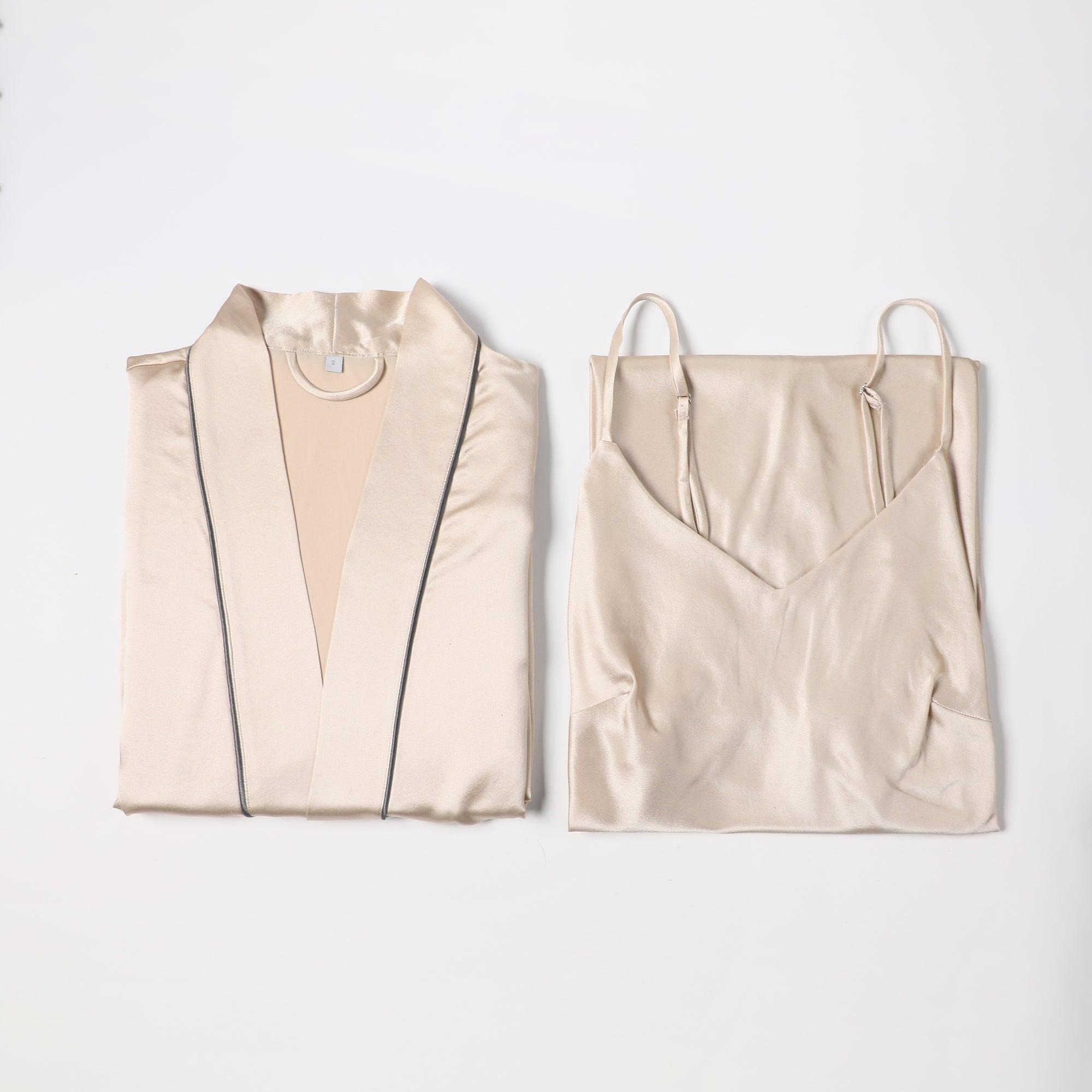 Gift Set | Pure Silk Beige Kimono Robe & Slip Dress | 22 Momme | Float Collection Product Image