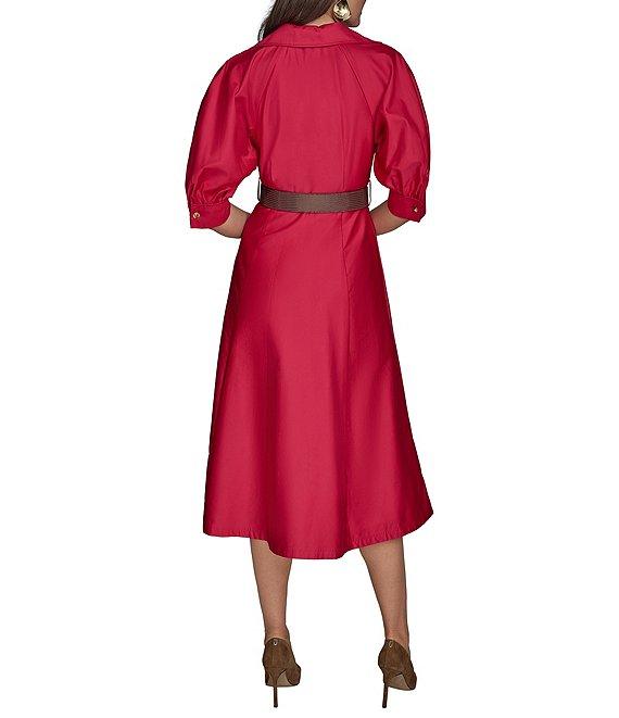 Donna Karan Cotton Sateen Collared Neck Short Sleeve Belted Midi Shirt Dress Product Image