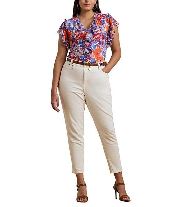 Lauren Ralph Lauren Plus Size Georgette Floral Ruffle Trim V-Neck Flutter Sleeve Blouse Product Image