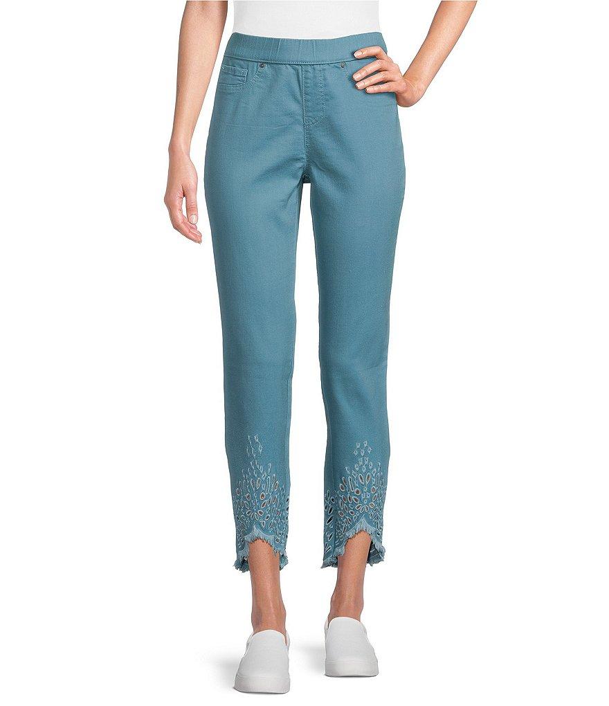 Intro Straight Leg Tulip Eyelet Embroidered Frayed Hem Pull-On Ankle Pants Product Image