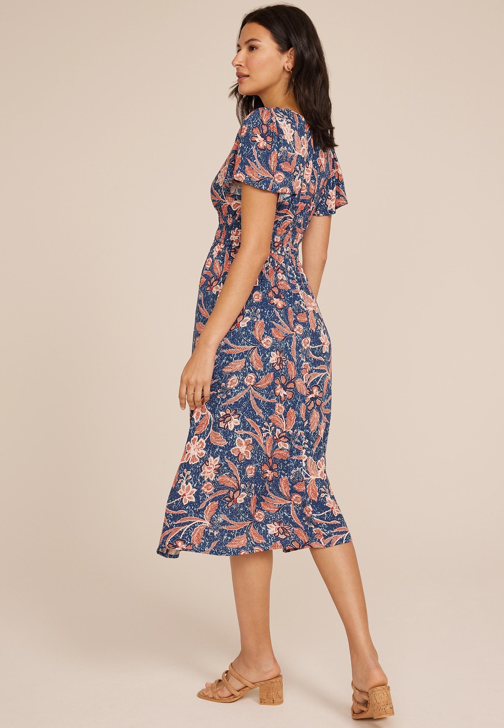Floral V Neck Hanky Hem Midi Dress Product Image