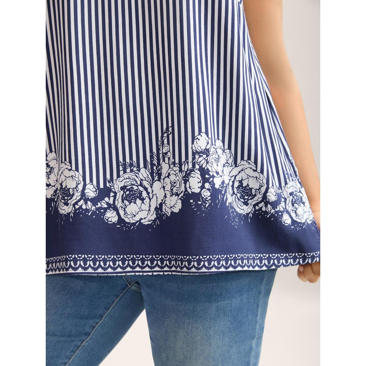 Plus Size Rayon Floral Hem Tank Top Women DarkBlue Resort Contrast V-neck Vacation Tank Tops Camis BloomChic 14-16/1X Product Image