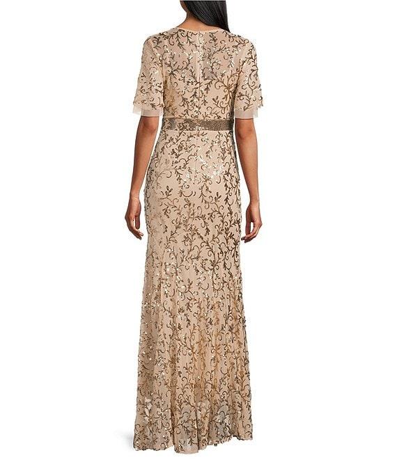 R & M Richards Godet Skirt V-Neck Short Sleeve Sequin Power Mesh Dress Product Image