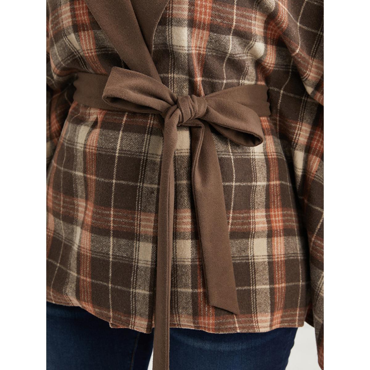 Plus Size Plaid Contrast Suit Collar Dolman Sleeve Belted Coat Women DarkBrown Elegant Belted Loose Ladies Dailywear Winter Coats BloomChic 12/L Product Image