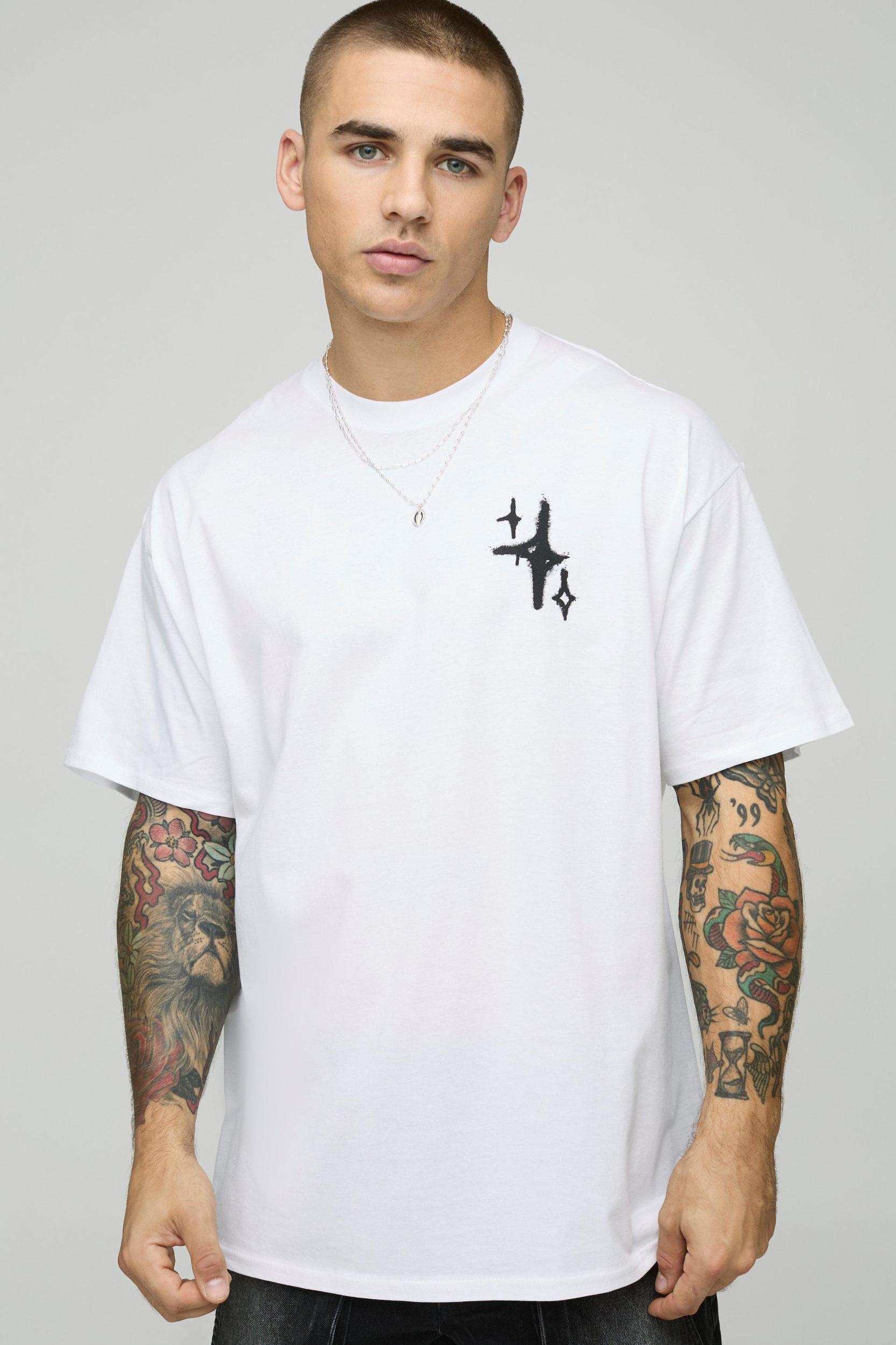White Oversized Graffiti Spray Star T-Shirt | boohooMAN USA Product Image