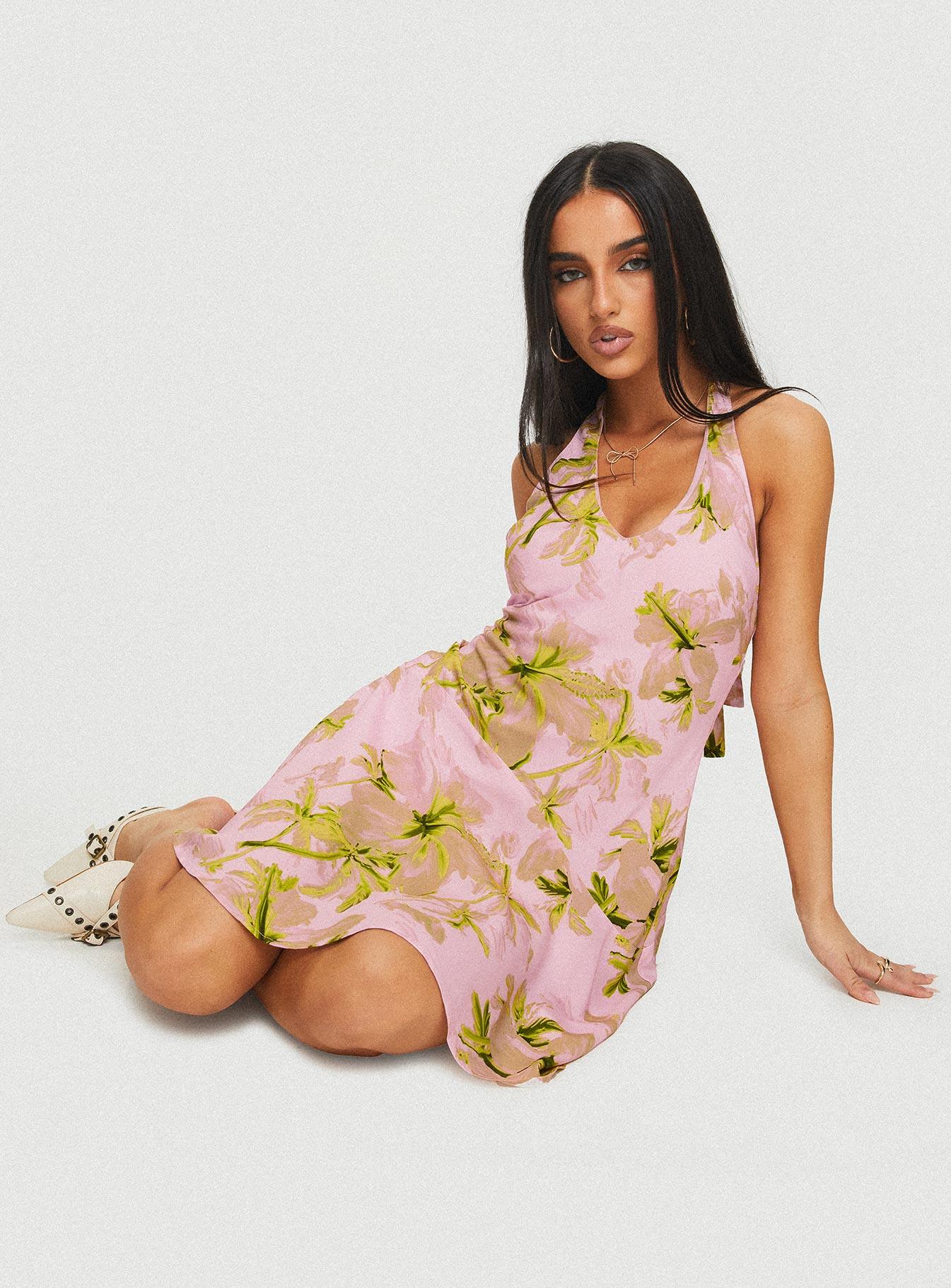 Alcedo Halter Mini Dress Pink / Green Product Image