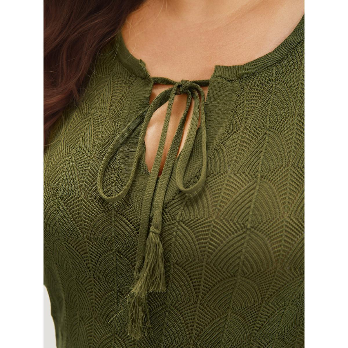 Plus Size Solid Ties Bell Sleeve Scalloped Trim Breathable Pullover Moss Women Casual Loose Long Sleeve V-neck Dailywear Pullovers BloomChic 28/5X Product Image