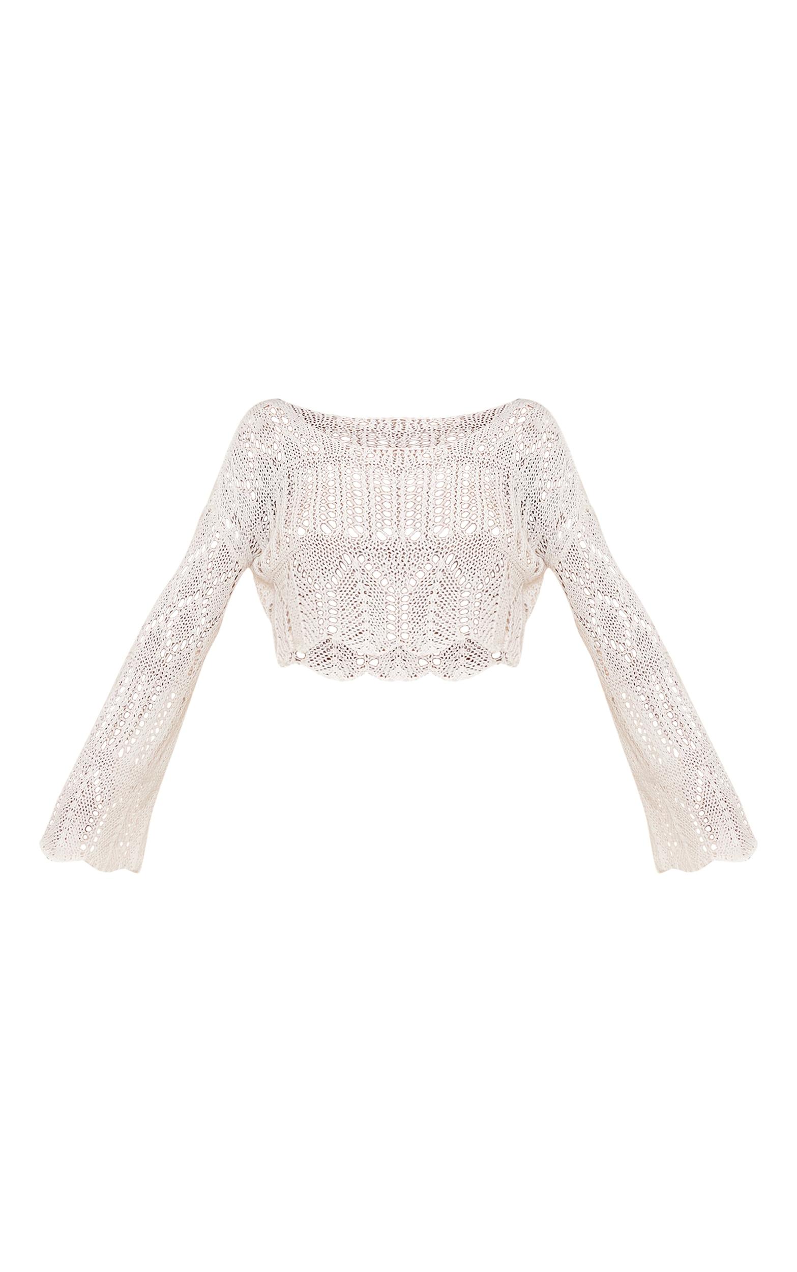 Off White Open Crochet Knit Slouchy Flared Sleeve Sweater Product Image