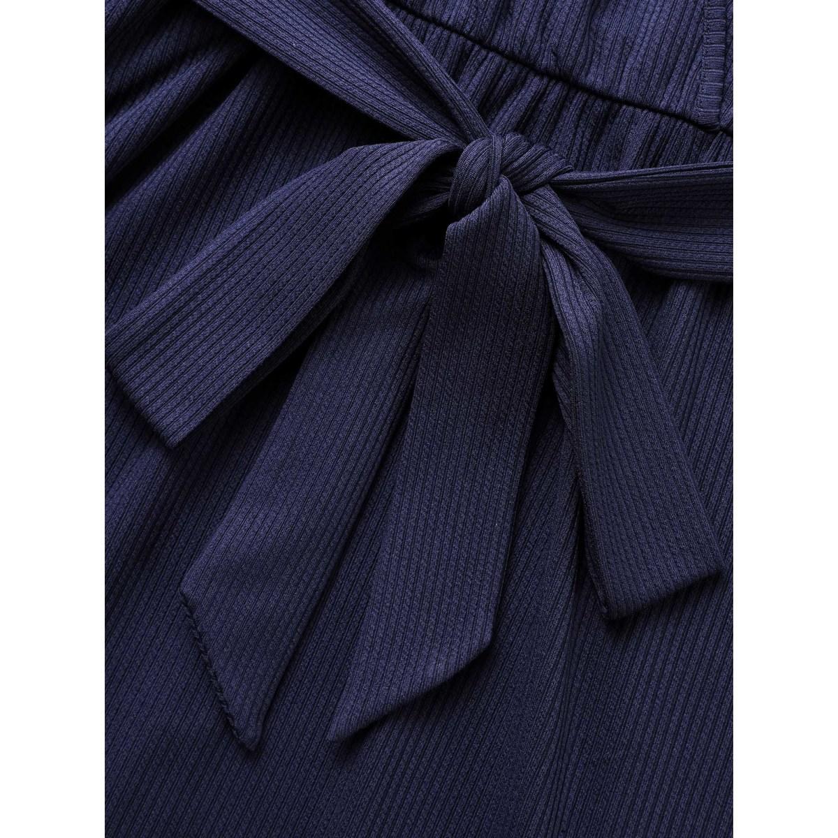 Plus Size Solid Overlap Collar Belted Knit Dress DarkBlue Women Casual Texture Knit Dresses Bloomchic 26/4X Product Image