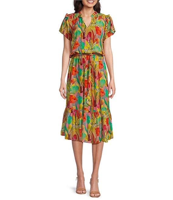 APNY Printed V-Neck Short Sleeve Smocked A-Line Midi Dress Product Image