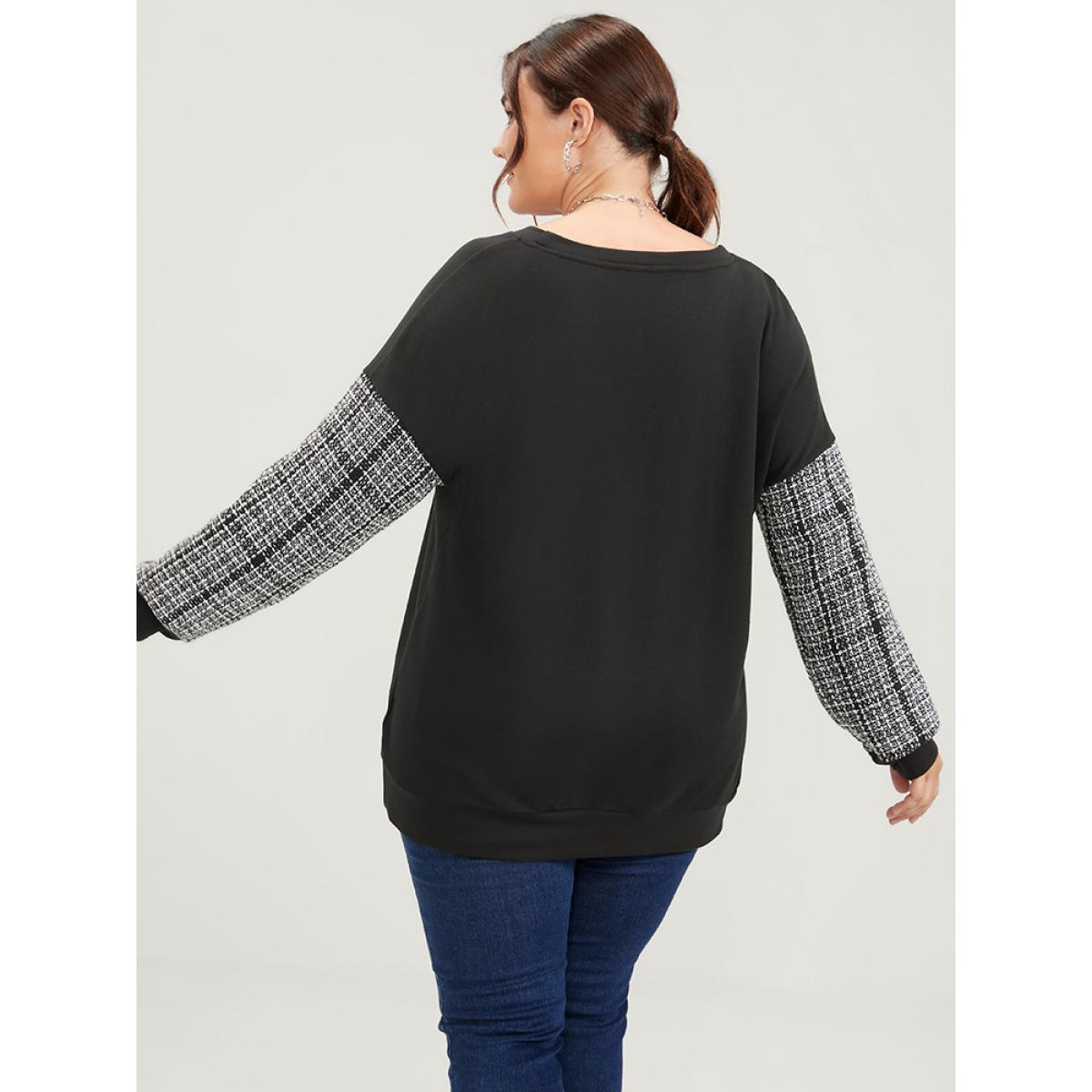 Plus Size Colorblock Contrast Pocket Raw Trim Drop Shoulder Sweatshirt Women Black Casual Patchwork Round Neck Dailywear Sweatshirts BloomChic 12/L Product Image