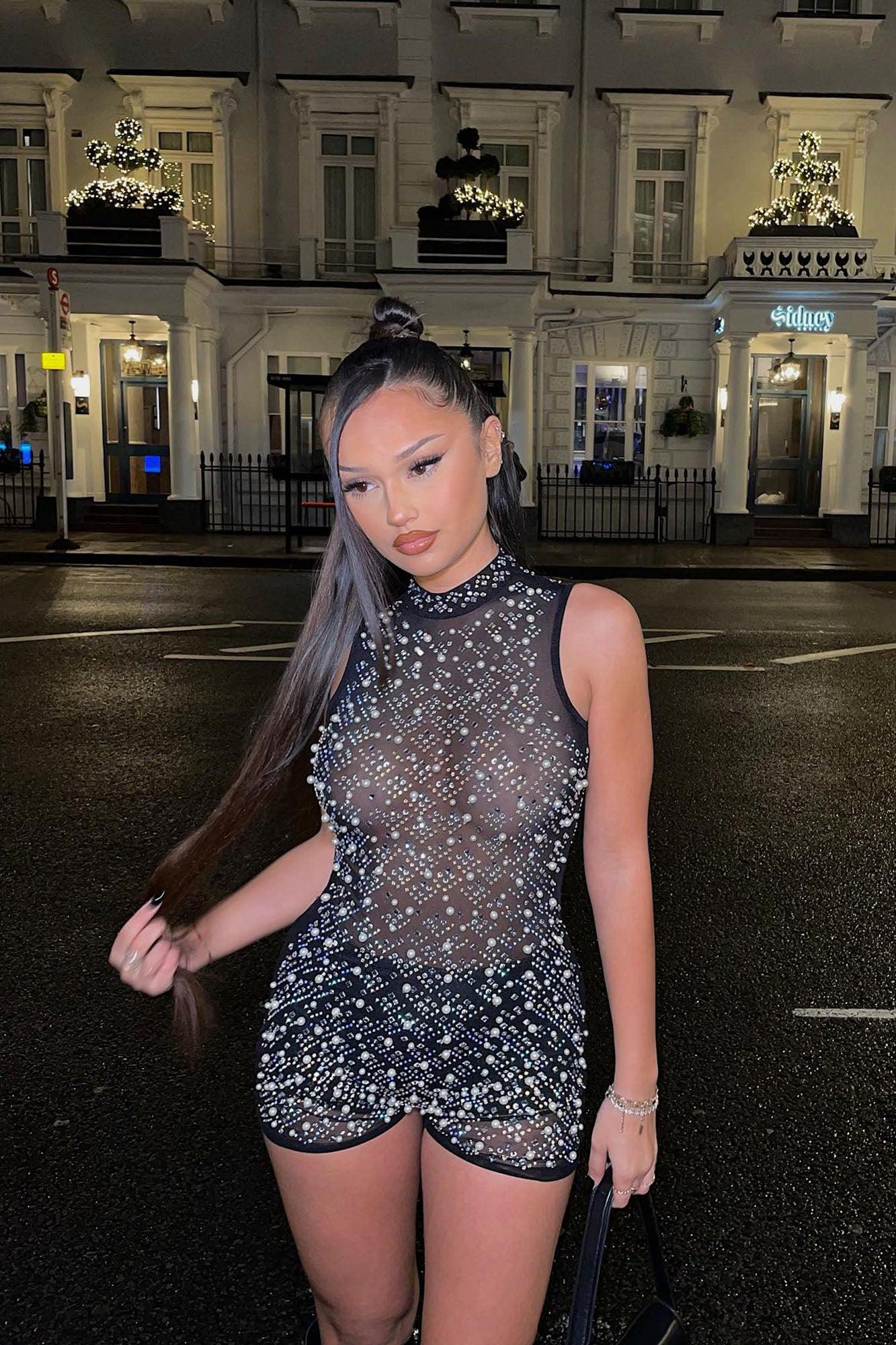 Dazzling Diamond Sleeveless Romper - Black Product Image