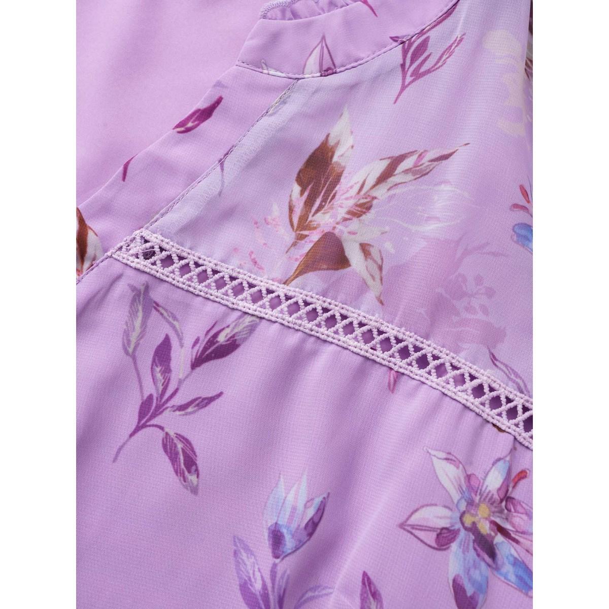 Plus Size Purple Plants Guipure Lace Button Detail Mesh Blouse Women Elegant Short sleeve V-neck Everyday Blouses BloomChic 22-24/3X Product Image