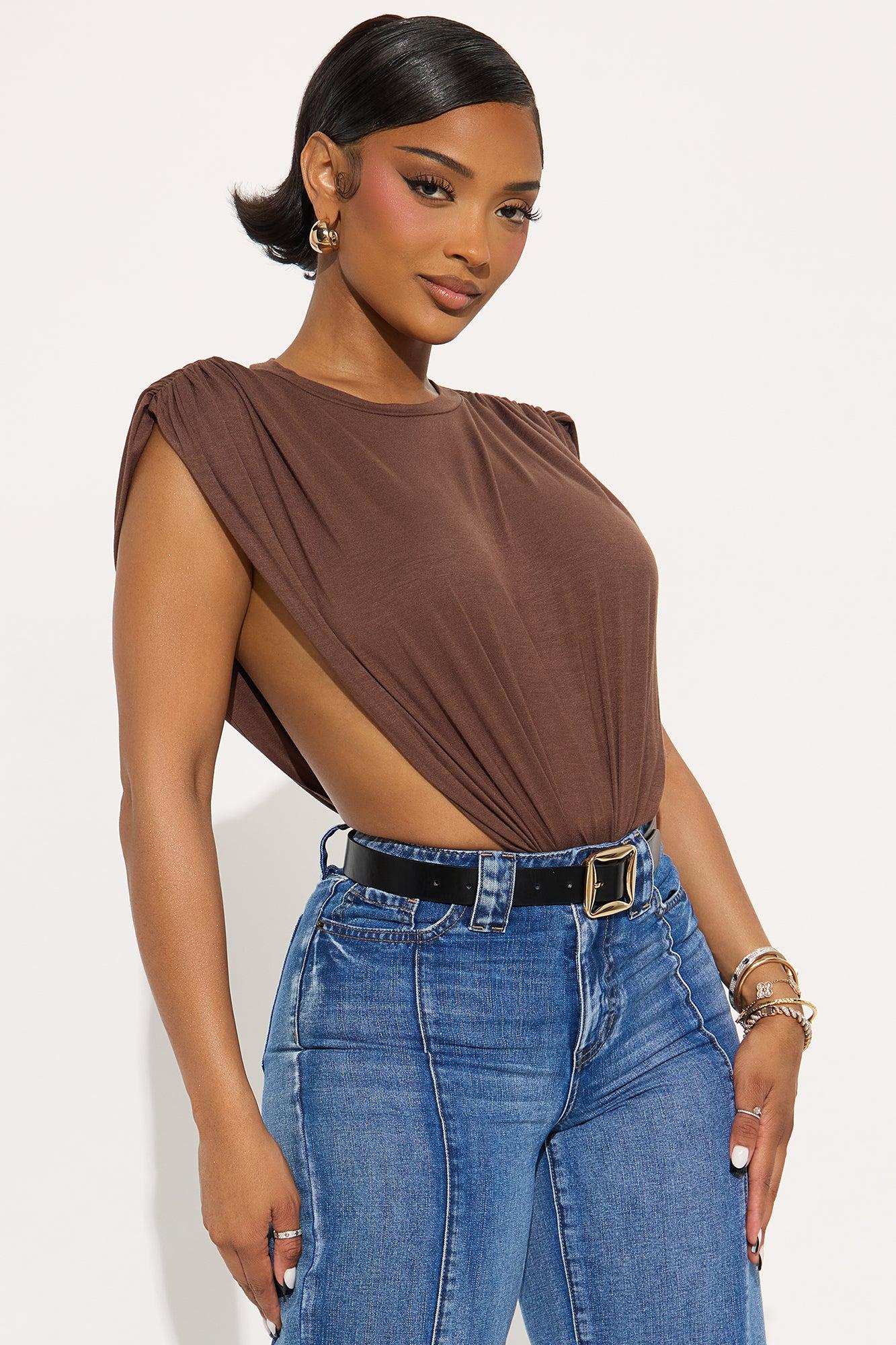 Open Concept Ruched Sleeveless Bodysuit - Chocolate Female Product Image