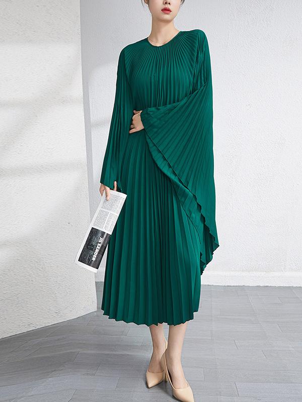 Batwing Sleeves Loose Pleated Solid Color Maxi Dresses Product Image
