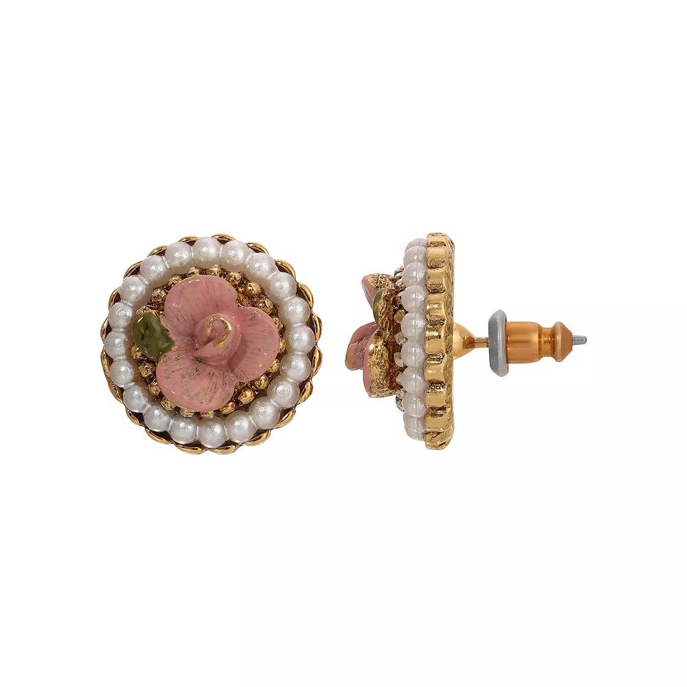 1928 Gold Tone Simulated Pearl Pink Flower Stud Earrings, Women's Product Image