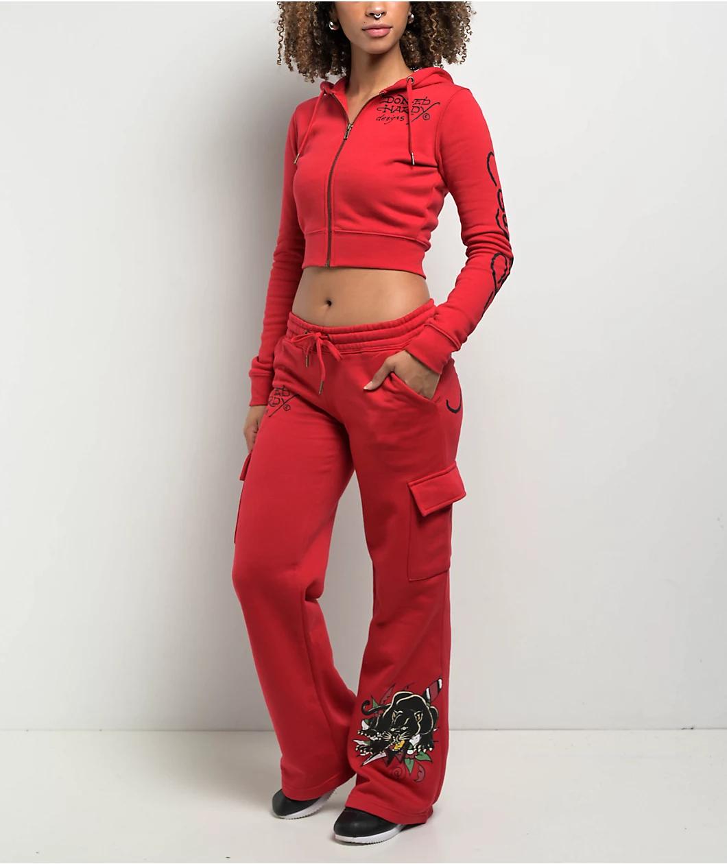 Ed Hardy Panther Dagger Red Crop Zip Hoodie Product Image