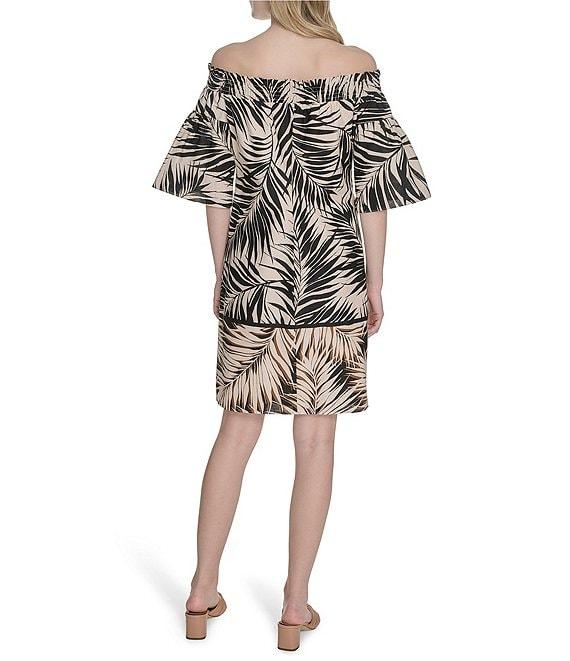 Vince Camuto Leaf Printed Poplin Off-The-Shoulder Short Sleeve Shift Dress Product Image