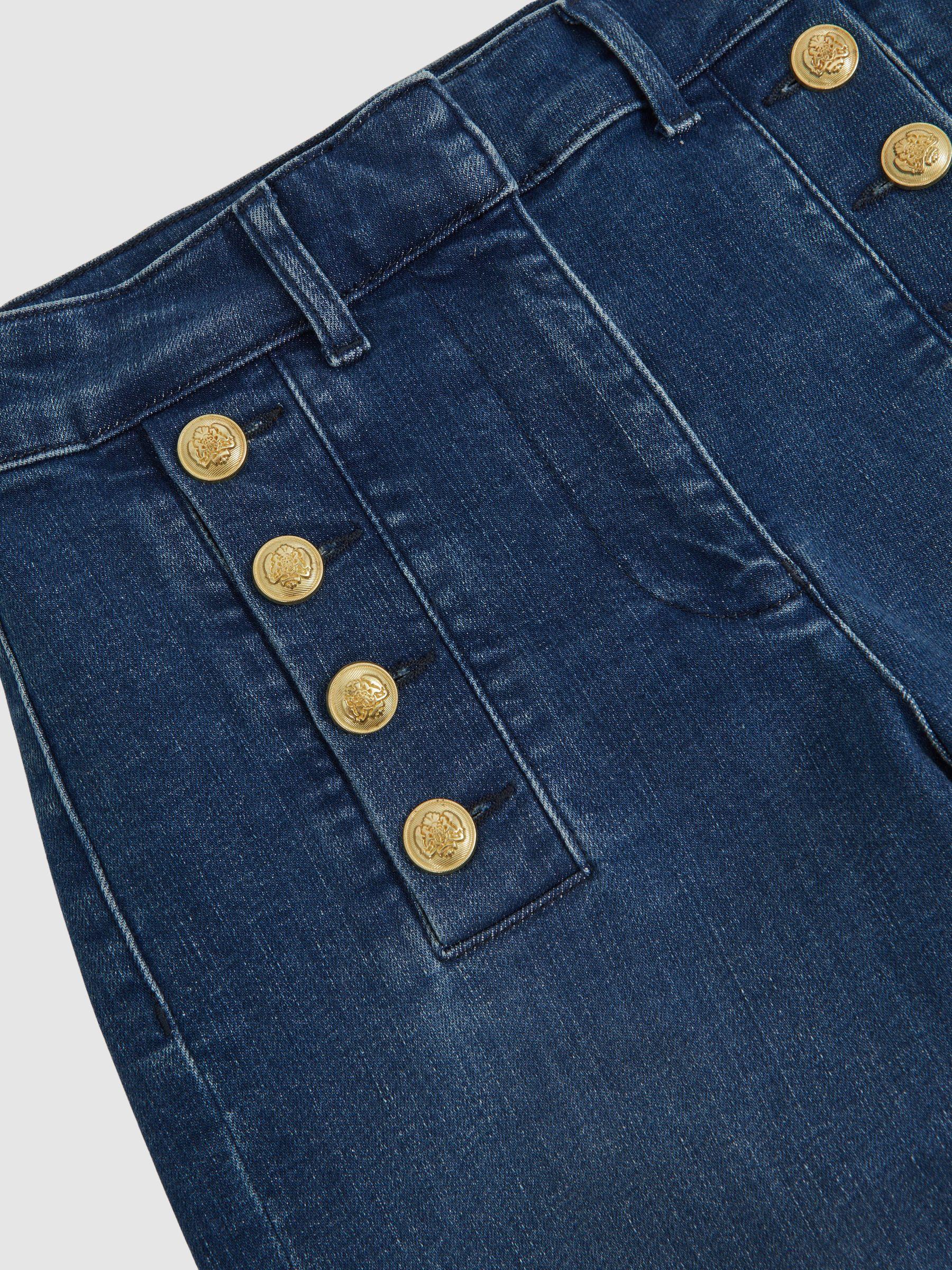 Button-Detail High-Rise Flared Jeans in Mid Blue Product Image