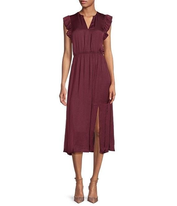 Steve Madden Allegra Split V Neck Ruffle Sleeveless Midi Dress Product Image