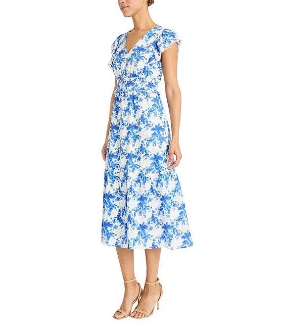 Maggy London Eyelet Floral Print V-Neck Short Sleeve A-Line Midi Dress Product Image