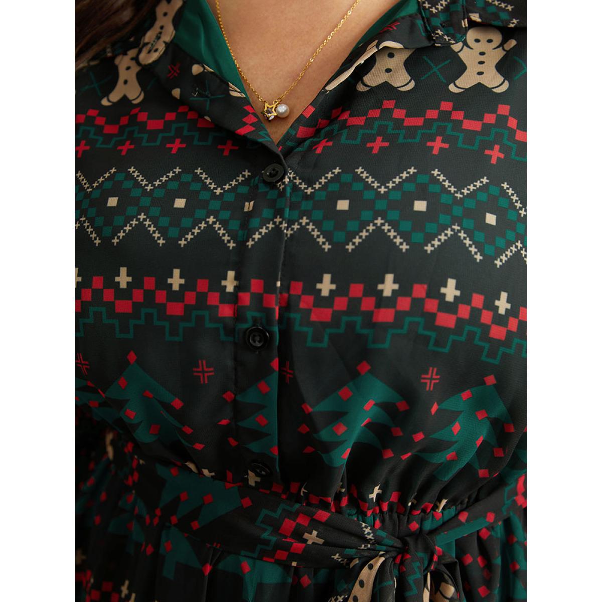 Plus Size Christmas Button Through Belted Mesh Patchwork Dress Cyan Women Office Elastic cuffs Shirt collar Long Sleeve Curvy Midi Dress BloomChic 18-20/2X Product Image