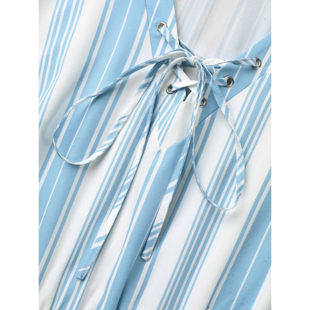 Plus Size Nautical Stripes Neck Tie Midi Dress Cerulean Women Casual Wraparound straps V-neck Half Sleeve Curvy BloomChic 14-16/1X Product Image