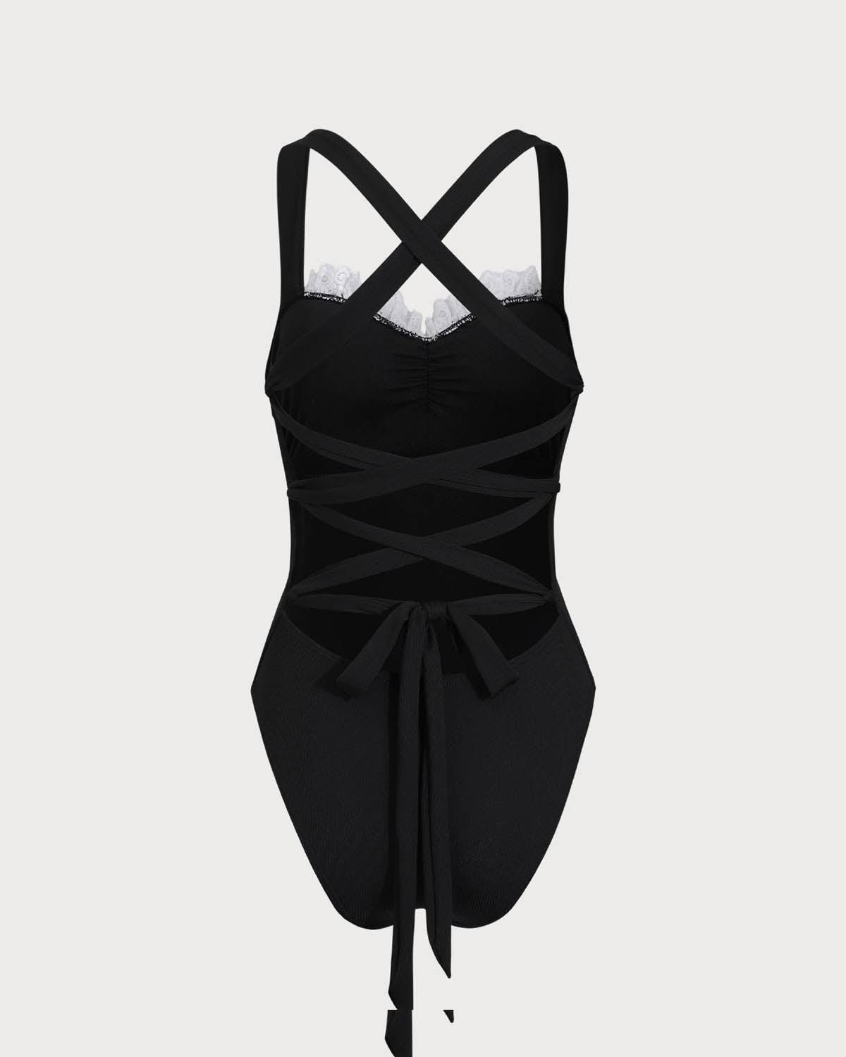 Black Lace  Contrast One-Piece Swimsuit Product Image