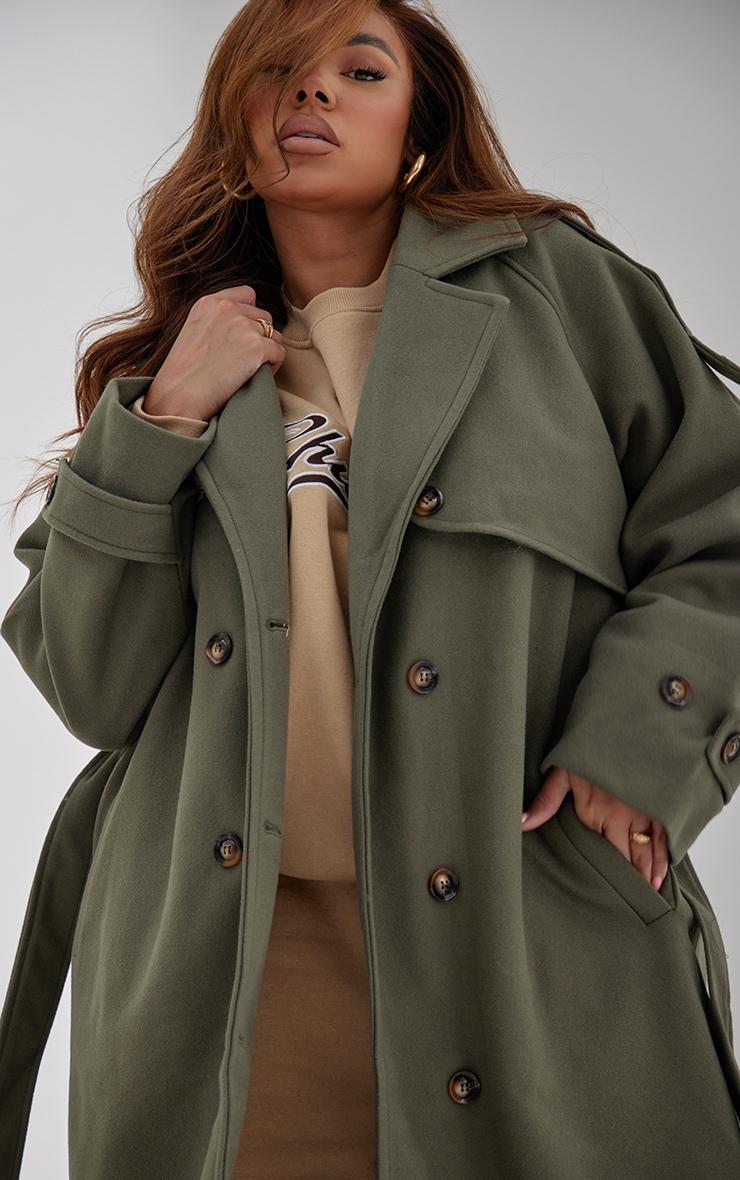 Plus Khaki Oversized Double Breasted Military Trim Coat Product Image